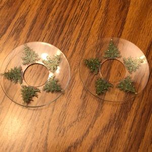 Vintage clear glass with five Christmas trees on each piece, candle cuff rings